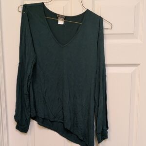 VENUS Dark Teal Dark Green V-Neck Long Sleeve Top Open Sleeves Size